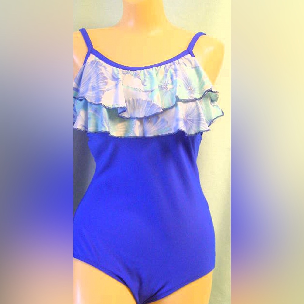 NWT Mastectomy ruffle swimsuit 5755-538 royal blue light blue silver metallic